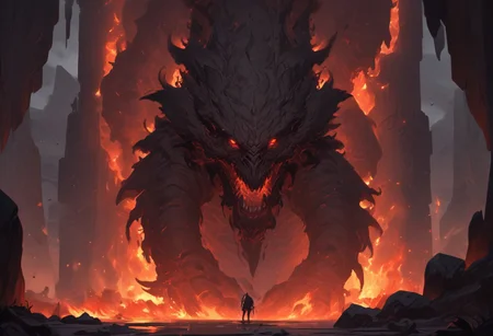 "Inside a vast, dark volcanic cave, the walls glow with the fiery red-orange light of molten lava flowing through cracks in the stone. In the center of the cave stands Shadow Fiend, Nevermore, a towering, menacing figure cloaked in darkness and shadowy flames. His glowing red eyes pierce through the gloom as he stands tall, his sharp claws outstretched, radiating an aura of dread and power. The ground beneath him is scorched, with small embers rising around his feet. He looks down the cave tunnel with a mix of impatience and malevolence, waiting for a worthy challenger to step into his domain. The scene is filled with an intense, oppressive atmosphere, with smoke and heat swirling in the air, making the cave feel like the very heart of a volcano."