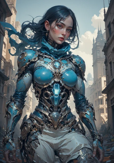 A cruel female ninja mech, covered in a full-body blue and white futuristic armor, with a heavy AWP rifle strapped to her waist. Her long, sleek dark brown hair is tied into a stylish ponytail that flows dramatically in the wind, creating a striking contrast against the devastated war-torn city in the background. A blue scarf also waves dramatically in the breeze, adding a touch of motion to the scene. The ninja's face is cold and emotionless, exuding an aura of deadly precision and subtle fear, yet with a hint of grace. The scene is captured in breathtaking 16K resolution, with digital reflex camera effects and light tracing enhancing the overall quality of this cinematic shot. The atmosphere is enhanced by chiaroscuro lighting, bringing depth and drama to the action-packed, concept-art-inspired composition. The mechâs design combines sleek mechanical elements with an artistic touch of action painting, giving it a sense of elegance and power. The entire setting is a masterwork of 3D design, with a devastated cityscape as the backdrop, illuminated by film-style lighting that emphasizes the contrast between the blue and white armor and the war-torn surroundings. The overall mood mixes feelings of danger and a subtle fear of death, balanced at 0.5, focusing more on the assassin's aura of death rather than overwhelming terror. The blue gaming gear adds a futuristic edge to her appearance, solidifying her as a deadly figure in this post-apocalyptic world.
 <lora:DarksunRIDDV3:0.6> <lora:flux_hyperkraximalism-crazy:0.6> <lora:Midjourney_-_SemiReal_Dreams_FLUX_LoRA:0.6> <lora:CPA:0.6> <lora:BLUE_mk4_angel_FLUX_01:0.6> <lora:BioInk2FLUX:0.6>