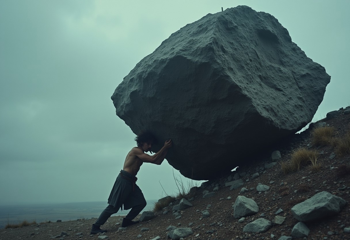 a lone figure at the base of a towering, rocky hill, pushing a massive stone upward with immense effort. The figure is weary, their muscles straining, while the stone constantly threatens to tumble back down. The landscape is bleak and barren, with a dim, overcast sky casting a cold light on the scene. The figure’s expression reflects exhaustion and despair as the weight of the stone crushes their spirit. The endless cycle of struggle is palpable, evoking a sense of hopelessness, as they face the never-ending task—a Sisyphean curse that traps them in this eternal grind. xplus,