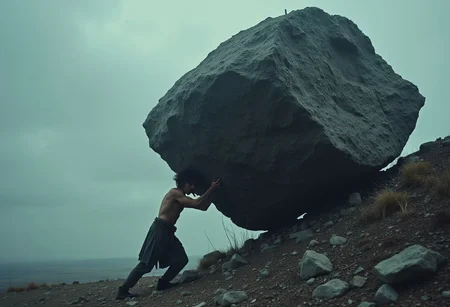 a lone figure at the base of a towering, rocky hill, pushing a massive stone upward with immense effort. The figure is weary, their muscles straining, while the stone constantly threatens to tumble back down. The landscape is bleak and barren, with a dim, overcast sky casting a cold light on the scene. The figure’s expression reflects exhaustion and despair as the weight of the stone crushes their spirit. The endless cycle of struggle is palpable, evoking a sense of hopelessness, as they face the never-ending task—a Sisyphean curse that traps them in this eternal grind. xplus,