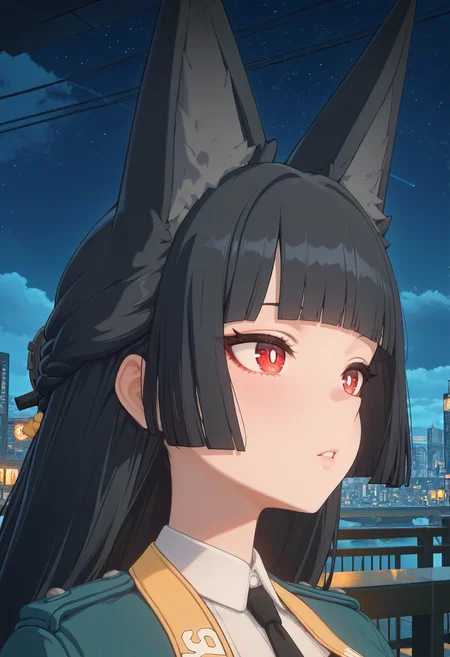 masterpiece, best quality, amazing quality, very aesthetic, absurdres, newest, scenery, volumetric lighting, perfect eyes, ultra detailed,
1girl, Hoshimi Miyabi, solo, black fox ears, black hair, blunt bangs, long hair, red eyes, white pupils, beautiful colors, colors, colors, colors,
green cape jacket, white shirt, black tie,
looking away, parted lips, beautiful face, face closeup, closeup, portrait,
city, night sky, beautiful frame, backlighting,
<lora:Hoshimi_Miyabi_-_Zenless_Zone_Zero_ZZZ__Illustrious:1>
masterpiece, best quality, amazing quality, very aesthetic, absurdres, newest, scenery, volumetric lighting, perfect eyes, ultra detailed,