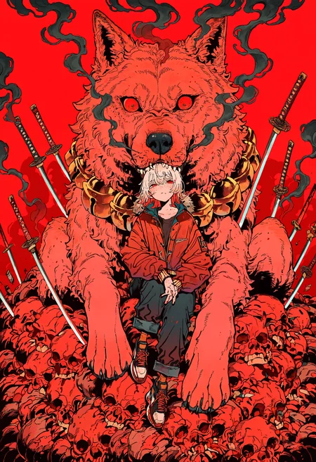 masterpiece, absurdres, newest, very awa, kou \(tamagosan1001\), 1girl, solo, red background, red eyes, freckles, smoke, red jacket, sitting, pile of corpses, pile of oni, planted sword, katana, oversized animal, wolf in background, <lora:spo_sdxl_10ep_4k-data_lora_webui>, <lora:TA_trained:0.35>, <lora:NOOB_EPSv1_1_detailer_by_vlnvk_v0_5>, <lora:kou_tamagosan1001_NAI:0.8>