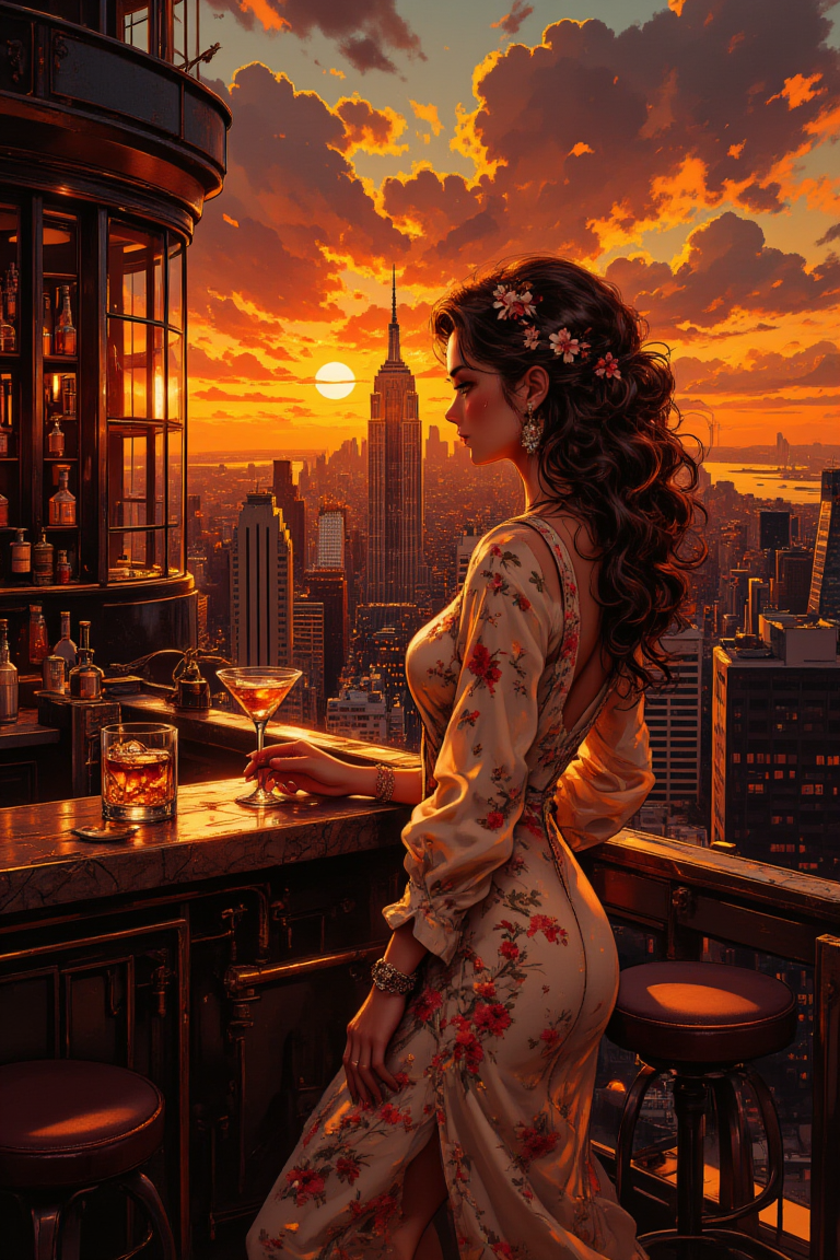 aidmafluxpro1.1.
An elegant woman stands on the rooftop bar of a high-rise, gazing over the breathtaking New York City skyline. The golden-red hues of a fiery sunset ignite the clouds, casting dramatic reflections on the glass buildings. The warm glow highlights her silhouette, her flowing dress catching the evening breeze. A delicate martini glass rests in her hand, the light refracting through the liquid. The scene is painted in rich, textured oil strokes, blending realism with impressionistic warmth. The atmosphere is luxurious yet contemplative, with the distant hum of city life beneath her.