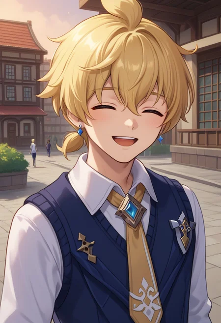 score_9, score_7_up, source_anime
mika, 1boy, male focus, solo, closed eyes, blonde hair, short hair, bangs, hair between eyes, ahoge, short ponytail, jewelry, earrings, shirt, white shirt, collared shirt, necktie, sweater vest, smile, open mouth, happy,
outdoor, building, contemporary,