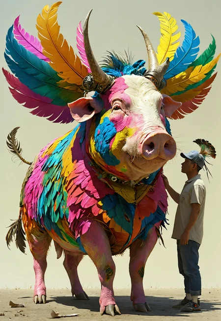 scifi humanoid creature combining  a pig, bull,  peacock,head  with colorful feathers,big bull horns,  Craig Mullins,Tadanori Yokoo,  Robert Rauschenberg,aries moross<lora:DD-sli-v1:1>