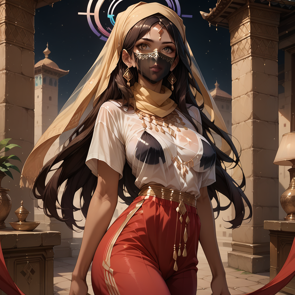 source_anime, ((score_9)),score_8_up,score_7_up,score_6_up,score_5_up,score_4_up, BREAK, 1woman, dark-skinned_female, loose pants, harem_pants, (see-through), silk, tight-fitting shirt, impossible shirt, large breasts, long hair, loose_scarf, head_scarf, jewelry, (((niqab:1.4))), mouth_veil, mouth covered, simple background, light, light particles, masterpiece, detailed eyes
