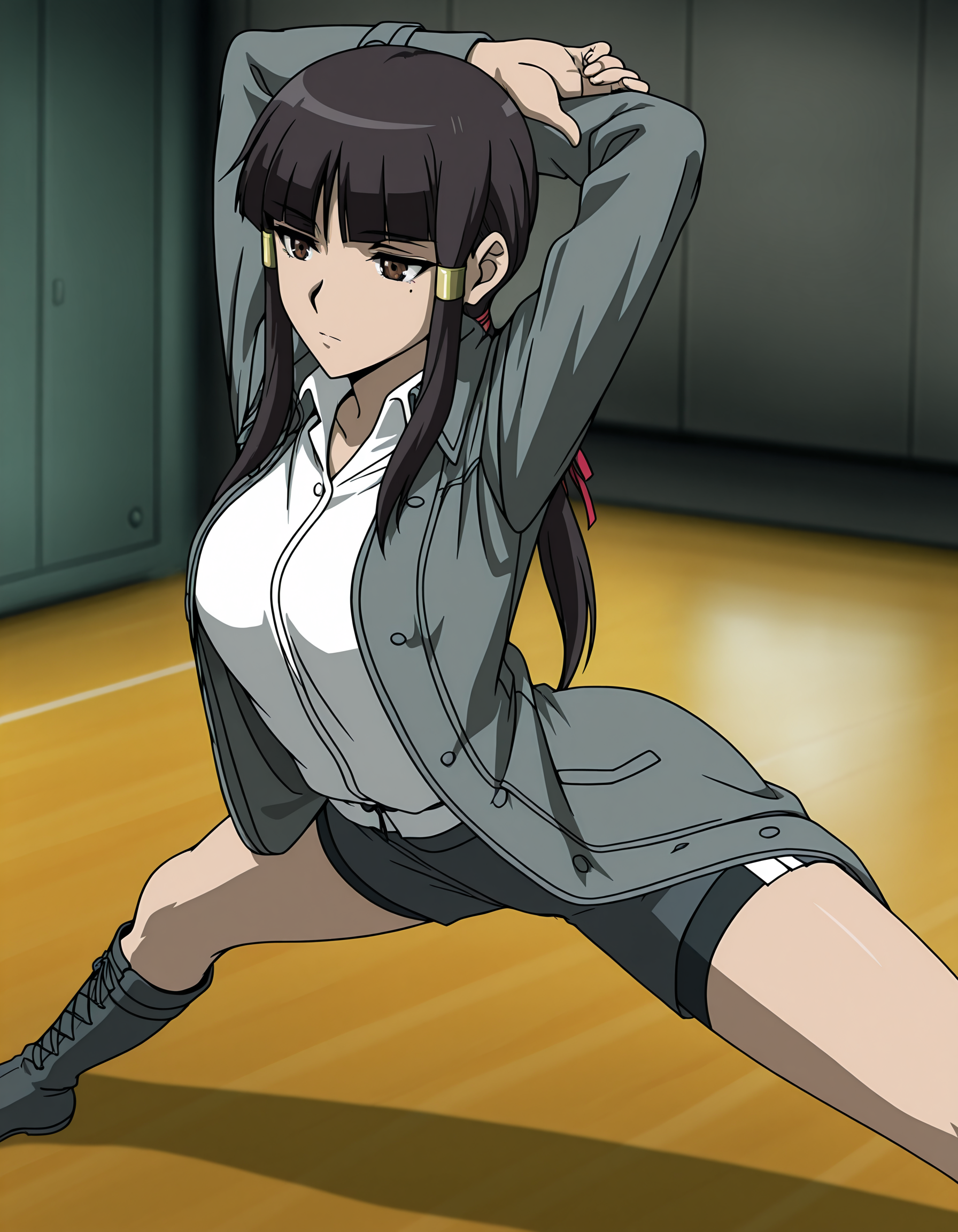 masterpiece,best quality,<lora:yfnyln2:0.8>,yoga,split,gym,stretching,arms up,arms crossed behind head,hand on arm,arched back,
yfn,solo,blunt bangs,brown eyes,black hair,hair tubes,long hair,hair ribbon,(mole:0.6),(ponytail:0.9),anime coloring,anime screenshot,coat,shorts,white shirt,knee boots,open jacket,wing collar,gray coat,
