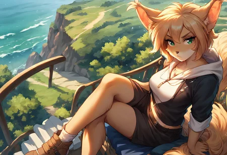 score_9, score_8_up, score_7_up, score_6_up, score_5_up, source_furry, solo, solo focus, female, 1girl, fluffy tail, <lora:Kathrin_TwoKinds_PDXL_epoch_5:1>, tkkathrin, keidran, furry anthro, high-angle view, detailed background,siting up right, on the the edge of cliff, sitting on the egde,crossed legs, lean back with hands supporting,
