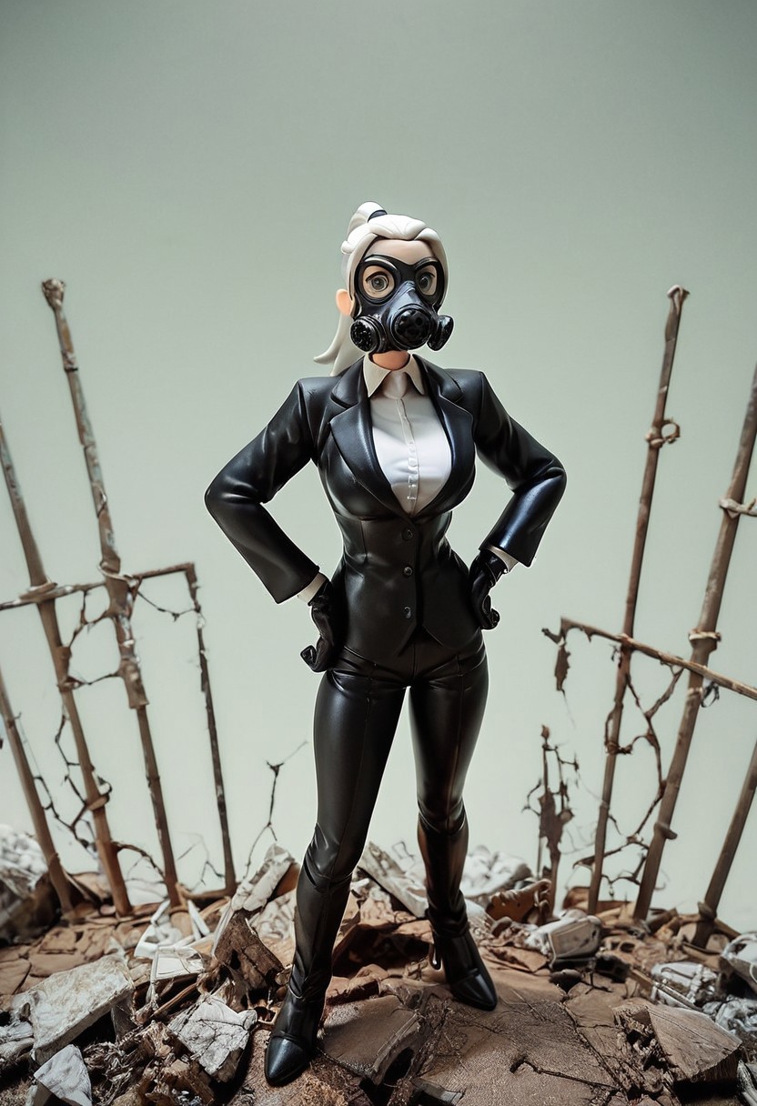 score_9, score_8_up, score_7_up, score_6_up,  figure,
Girl wearing Gas mask, holding equipment, white ponytail, white shirt, black suit, black pants, gloves, heavy green fog, smoke, railing, rubble, ruins, lit from front, hands on hips,
Looking at viewer, from above,