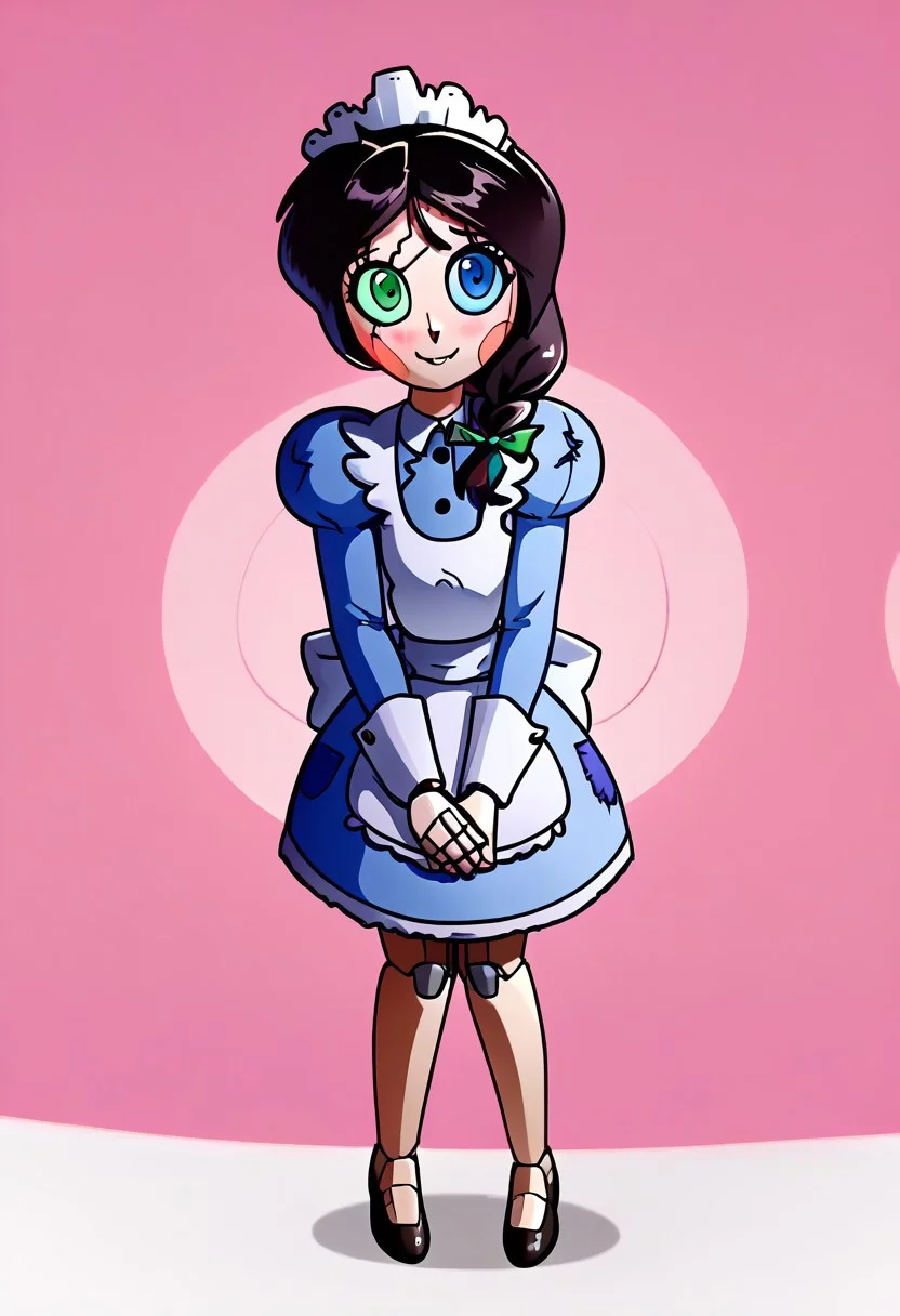 detailed eyes, score_9, score_8_up, score_7_up, pose, looking at viewer, detailed background, Luluthenandroid, crackscar, heterochromia, hair over shoulder, robot, maid uniform, maid headdress, puffy sleeves, juliet sleeves, android, robot joints, joints, nancheeks, dead mom hair, green eye, blue eye, simple eyes, side braid, black hair, single braid, blush, smile, full body, bedroom background, dress, DerpixonXL, cartoon, anime screencap, anime coloring,