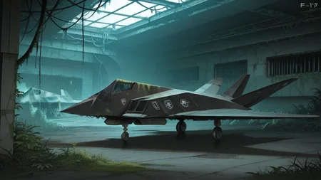 <lora:F-117_Illustrious:1> F-117, abandoned, post-apocalyptic, rusted, overgrown vegetation, dystopian, ruined city, cinematic lighting, realistic textures,masterpiece,best quality,amazing quality