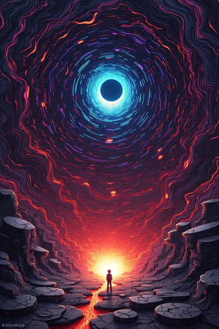 sci-fi illustration with a central glowing vortex, detailed circuitry, cracked electronic surface, vibrant neon colors, blue and pink highlights, intricate electronic components, dark shadows, fiery orange light, glowing edges, detailed textures, and futuristic design with intricate textures and vibrant colors. The scene should include a rich variety of elements, each contributing to the overall atmosphere. Lighting should be soft, diffused, and natural, enhancing the depth and realism of the scene. The mood is to be calm yet vibrant, creating a sense of serenity and wonder. Every detail in the scene should be meticulously rendered, emphasizing the contrast between light and shadow, and capturing the fine textures and subtle gradients. The color palette should be carefully chosen to evoke emotion, with each hue enhancing the aesthetic appeal of the overall composition. The final image should be immersive and captivating, drawing the viewer into its intricately detailed world.