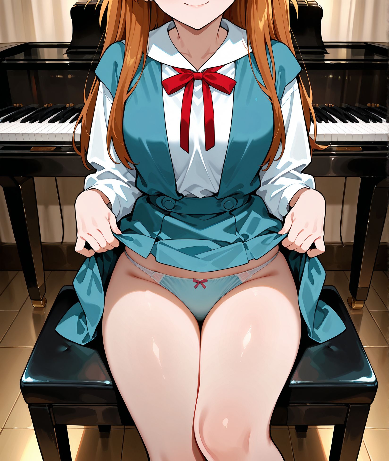 masterpiece, best quality, newest, absurdres, highres, detailed eyes, beautiful, detailed background, perfect eyes, anime coloring, anime screencap,
<lora:Erotic_Pianist:0.7> Erotic_ianistV1,
1girl,breasts,piano,instrument,
solo,(head out of frame:1.3),
large breasts,piano bench,
sitting, seductive smile, faceless female, 
panties,  lifting own clothes,  skirt lift, m leg,
souryuu asuka langley,