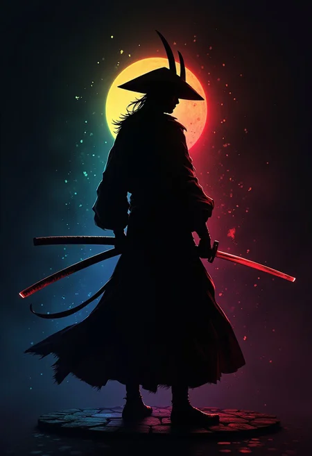 anime-style silhouetted outline against a dark background, a ronin samurai warrior, rainbow-coloured, holding samurai sword