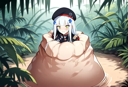 NSFW, looking down, masterpiece, best quality, amazing quality, very aesthetic, score_9,score_8_up, score_7_up, score_6_up, BREAK, official art, solo, outdoors, upper body, (portrait:1.5), looking at viewer, facing viewer, blush, hk416 (girls' frontline), hat,beret, black headwear, very long hair, white hair, x hair ornament, sidelocks, blunt bangs, green eyes, facial mark, teardrop, military jacket, purple jacket, clothes writing, uniform, white gloves, long sleeves, black sleeve, german flag, large breasts, skindentation, <lora:HK416(gf)-Pony:1.3>, (score_9, score_8_up, score_7_up, score_6_up, score_5_up, score_4_up), source_anime,<lora:vore_lower_body-2:1>, slime creature, restrained, vore, Like like, monster, <lora:Like like illus:1>, arms out, arms down, Creature massaging her, (jungle:1.2), (blushing), looking down, palmtree blurry background depth of field, (from above:1.3),