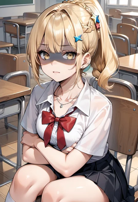 score_9, score_8_up, score_7_up, source_anime,nonoa miyamae, 1girl, solo, looking at viewer, skirt, blonde hair, shirt, hair ornament, bow, jewelry, sitting, school uniform, collarbone, yellow eyes, white shirt, ponytail, braid, short sleeves, pleated skirt, socks, collared shirt, bowtie, black skirt, medium hair, necklace, star (symbol), red bow,  crossed arms, white socks, shaded face, red bowtie, desk, star hair ornament, gyaru