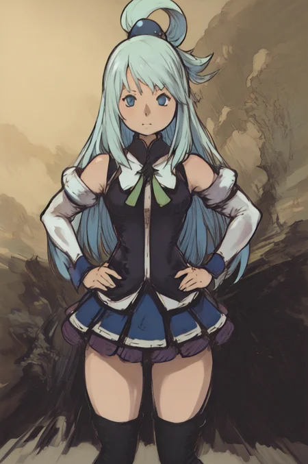 Aqua(/Konosuba)/,(ultra HD quality details), pale skin, blue eyes, blue hair, long hair, hair ornament, hair rings, single hair ring, blue footwear, blue hair, blue thighhighs, boots, detached sleeves, thigh boots, thighhighs, white thighhighs, thighhighs, bare shoulders, blue skirt, blue shirt, green bow, (Yoshida_Akihiko_PonyXL_style_v02.10.01:1.5), hands on hips, full body, (Bravely Default Style), yoshida akihiko, (blue eyes:1.1), <lora:pony\char\anime\Aqua (Konosuba) - XL Pony V2.0.safetensors>, <lora:pony\style\Yoshida_Akihiko_PonyXL_style_v02.10.01.safetensors>, <lora:styles\yoshida_akihiko_offset.safetensors>, <lora:styles\BravelyDefault.safetensors>, <lora:char\anime\aqua_konosuba-000035.safetensors>, <checkpoint:[Pony] prefectPonyXL_v10.safetensors>, <checkpoint:[SD15] tfmCutesyAnime2_genesis.safetensors>