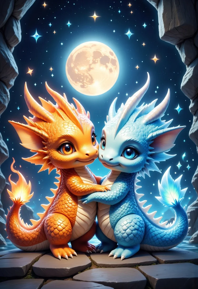 2 chibi dragons hugging each other, joy, one dragon has orange flaming scales, the other dragon is surrounded by ice smoke with white frozen scales, cuteness overload, they are in a cave, night, starry sky, the moonlight casts light and shadows on the cute ones faces of the two dragons, cuteness overload, floating heart, closed eyes