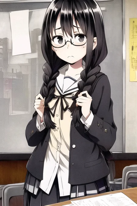 v277013, 1girl, square glasses, (black glasses:1.3), black hair, twin braids, school uniform, sailor collar, sad, frown, closed mouth, empty eyes, in classroom