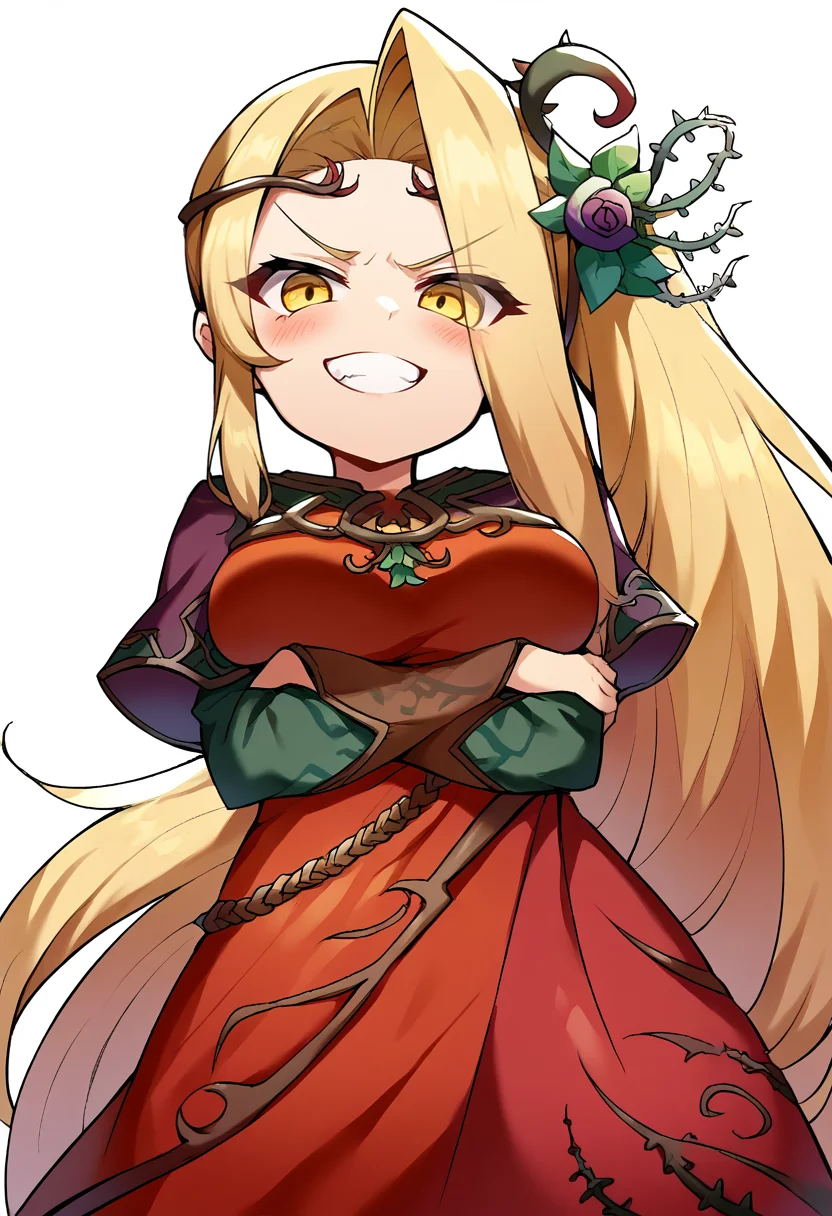 <lora:pony_good_hands:1>, <lora:Anime Style 2 SDXL_LoRA_Pony Diffusion V6 XL:0.5>, score_9, score_8_up, score_7_up, source_anime, good_hands,
simple white background, from below,
<lora:IcaViridi-000015:0.8>, 1girl, solo, adult, IcaViridi, long blonde hair, side ponytail, thorn crown, hair flower, yellow eyes, eyes visible through hair, red dress, asymmetrical sleeves, large breasts,
smile, looking at viewer, blush, smug, standing, grin, arms under breasts,