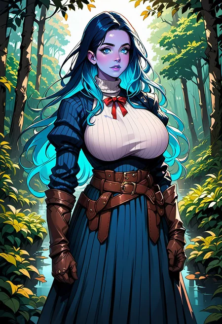 commix style, score_9, score_8_up, score_7_up, 1woman, mature, (blue skin:1.3), detailed blue eyes, large round eyes, bright eyes, (long dark blue hair:1.4), fiery hair, gradient_hair to light neon blue, (very long hair), blue lipstick, huge breasts, long sleeves, sweater, ribbed sweater, puffy sleeves, breastplate, ribbon, red ribbon, gauntlets, glove, brown gloves, belt, skirt, armor, outdoors, forest, nature,