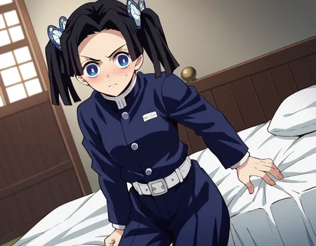 score_9, score_8_up, score_7_up, source_anime,
aoikanzaki, <lora:aoi-kanzaki-anime-ponyxl-lora-nochekaiser:1>,
aoi kanzaki, blue eyes, black hair, hair ornament, twintails, butterfly hair ornament,
long sleeves, belt, pants, blue jacket, white belt, demon slayer uniform, blue pants,
indoors, bed, bed room, on side, blush, drunk,
solo, looking at viewer, cowboy shot, dutch angle,