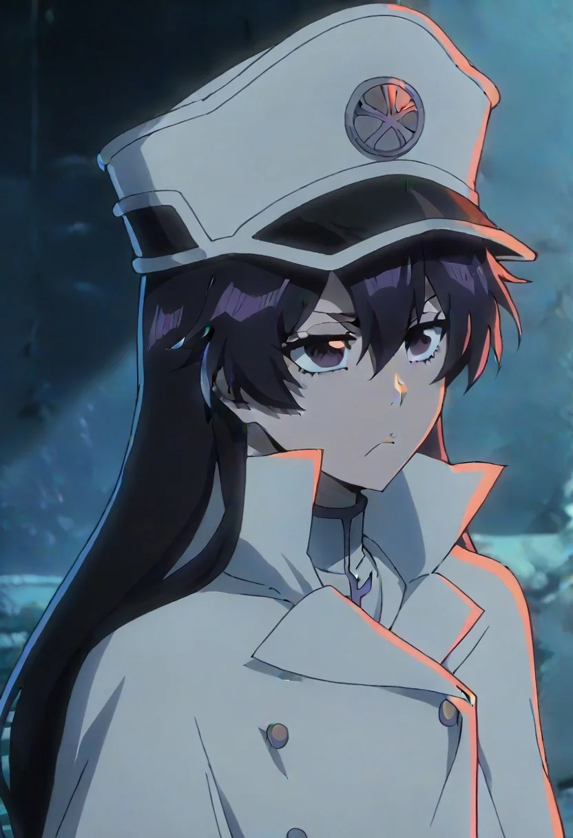 source_anime, anime screencap, anime coloring, nsfw, uncensored, <lora:Bambietta_Basterbine:1>Long hair, black hair, hair between eyes, dark purple eyes,, hat, peaked cap, white headwear, white gloves,