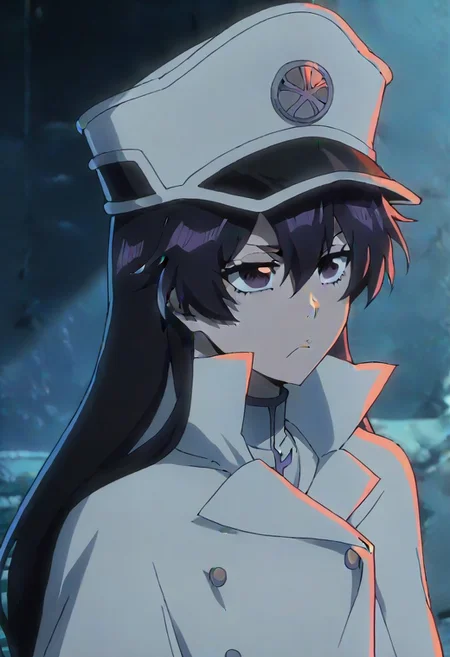 source_anime, anime screencap, anime coloring, nsfw, uncensored, <lora:Bambietta_Basterbine:1>Long hair, black hair, hair between eyes, dark purple eyes,, hat, peaked cap, white headwear, white gloves,