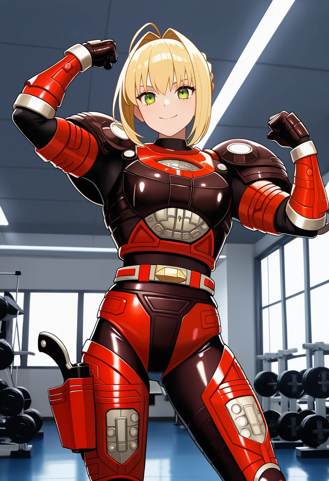 1girl, solo, R3ddle, armor, bodysuit, shoulder pad, gloves, belt, holster, shiny clothes, (nero claudius (fate):0.9), blonde hair, green eyes, flexing, looking at veiwer, smile, cowboyshot,
indoors, gym,
best quality, very aesthetic, masterpiece,