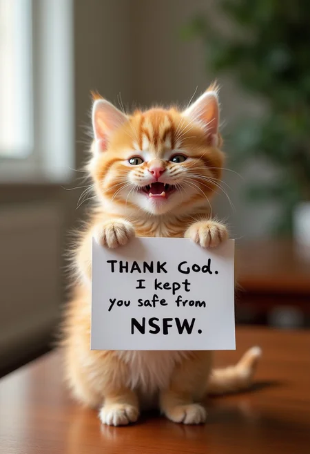 A smiling little kitten is holding a table and the sign says "Hop. Thank God I kept you safe from NSFW."