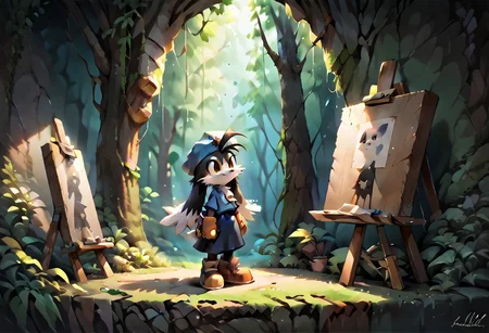 score_9, score_8_up, score_7_up, score_6_up, score_5_up, score_4_up, <lora:Klonoa_Character_PonyXL:0.8> , Klonoa, two long ears, fur, anthro, Klonoa, g5, rich colors, forest operations, forest, thicket, communal appearance , presents a painting of rabbits and pony, aroused, front view, detailed background, detailed, 8k quality, side view, beautiful, teasing, easel and brushes, leaned to the floor, freely actions, dress,