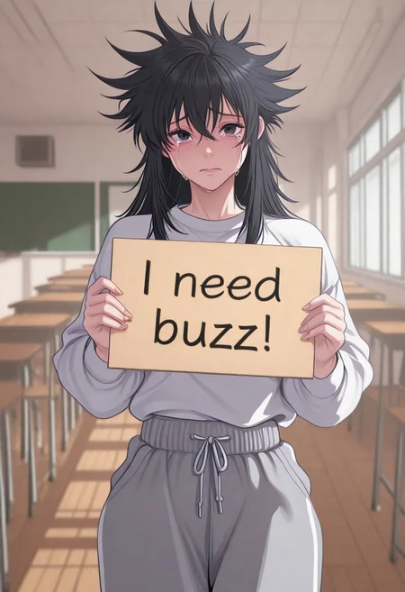 1girl, megumi_fushiguro, black hair, black eyes, spiked hair, long hair, bangs, hair between eyes,genderswap \(mtf\)((long sleeve shirt, sweatpants)), looking at viewer, standing, need_buzz, holding sign,crying face, tears, indoors, classroom, masterpiece,best quality,amazing quality, manhwa