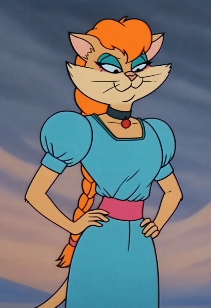 score_9, score_8_up, score_7_up, score_6_up, score_5_up, score_4_up, source_furry, Tabitha_Fantomcat, detailed eyes, detailed face, (retro artstyle, 1990s \(style\), flat color, toon \(style\)),1girl, female, female furry, body fur, Princess_Tabitha_Wildcat, cat girl, puffy sleeves, cloud, long hair, animal nose, eyeshadow, looking down, black eyes, cat ears, makeup, short sleeves, choker, solo, braids, blue dress, black choker, animal ears, blue eyeshadow, closed mouth, hand on own hip, standing, dress, half-closed eyes, outdoors, furry, orange hair, sky, puffy short sleeves
<lora:princesstabithawildcat-v1:1>