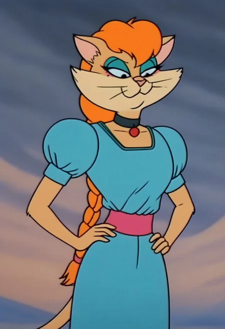 score_9, score_8_up, score_7_up, score_6_up, score_5_up, score_4_up, source_furry, Tabitha_Fantomcat, detailed eyes, detailed face, (retro artstyle, 1990s \(style\), flat color, toon \(style\)),1girl, female, female furry, body fur, Princess_Tabitha_Wildcat, cat girl, puffy sleeves, cloud, long hair, animal nose, eyeshadow, looking down, black eyes, cat ears, makeup, short sleeves, choker, solo, braids, blue dress, black choker, animal ears, blue eyeshadow, closed mouth, hand on own hip, standing, dress, half-closed eyes, outdoors, furry, orange hair, sky, puffy short sleeves
<lora:princesstabithawildcat-v1:1>