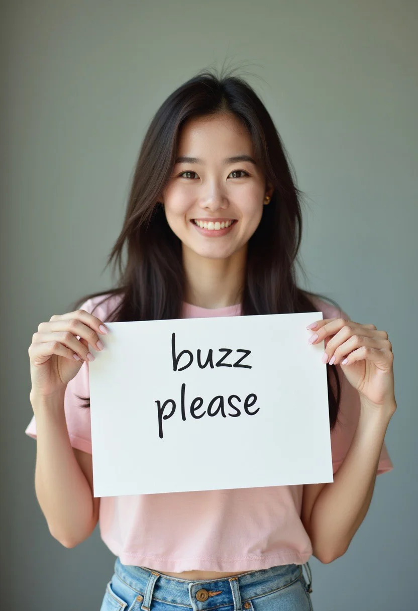 cute korean woman holding sign "buzz please"