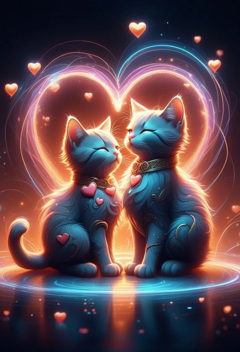 high quality, ultra detailed, colorful, dark fantasy, bo-abyss, bo-neon, ArcaneFGTNR, a digital illustration in a whimsical, romantic style, it features two small, adorable kittens in a loving embrace, the kitten on the left is a small, fluffy orange and white cat with closed eyes, holding a large, red heart in its paws, its fur is soft and fluffy, and its ears are perked up, giving it a content and relaxed expression, the cat on the right is a larger, fluffy black kitten with a soft, fluffy texture, its eyes closed in contentment as it holds the heart close to its chest, the background is a soft gradient of beige and white, with scattered golden hearts and small red hearts floating around them, creating a romantic and dreamy atmosphere, the overall color palette is warm and inviting, with soft, warm tones that enhance the cozy and intimate feel of the scene, the illustration is highly detailed, with a focus on soft textures and delicate, almost ethereal quality, making it a captivating and romantic piece of art<lora:boFLUX Abyss Neon.safetensors:0.6:0.6> <lora:Flux\boFLUX digital-abyss.safetensors:0.6:0.6> <lora:ArcaneFGTNR.safetensors:1.0:1.0>,Cyberspace,glowing magical energy in cyberspace