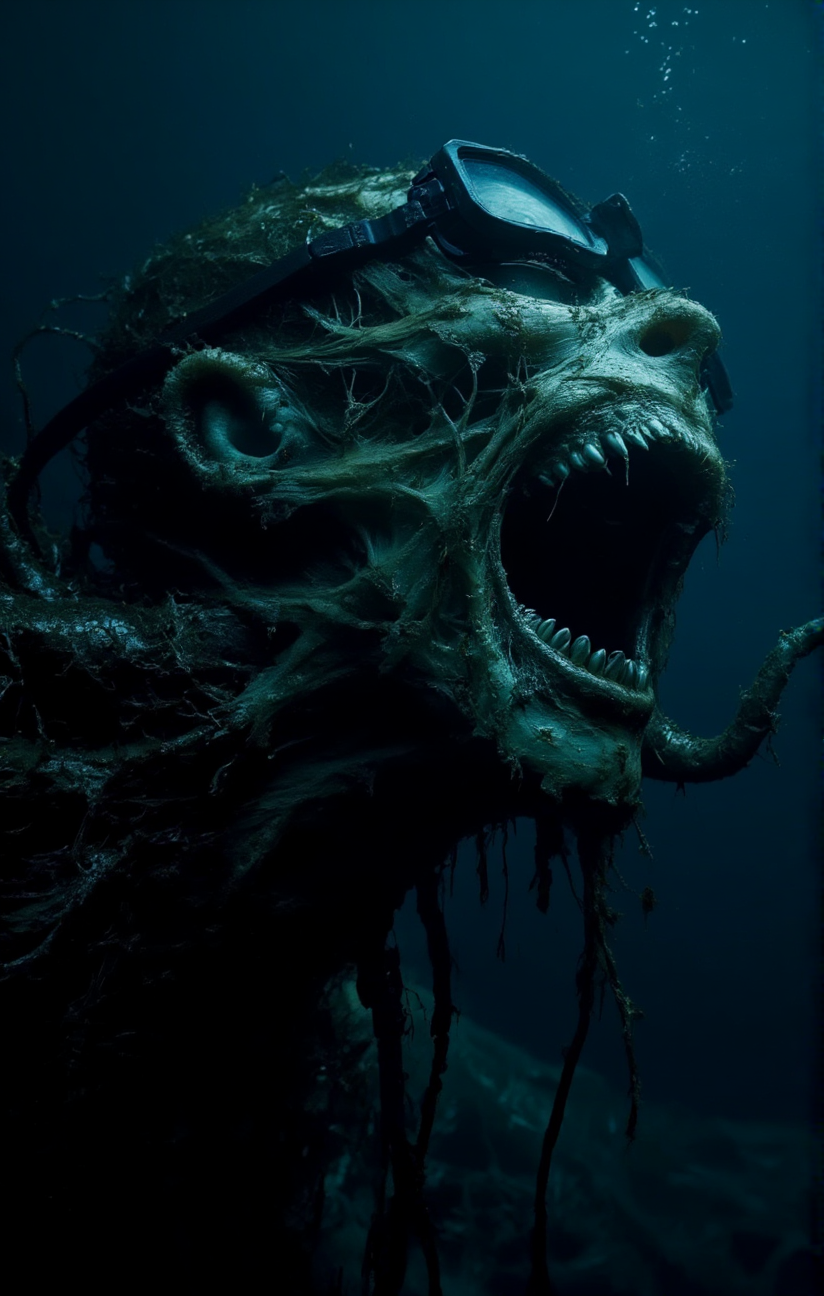 side view of a a close-up of a face that appears to be a fusion of organic and inorganic elements with prominent octopus features growing out of what appears to be a divers gear with goggles and snorkel . The face has a wide-open mouth revealing sharp teeth and its skin is covered in what looks like decaying organic matter seaweed and other growths. The eyes are partially visible and they have a haunting dead appearance. It's an underwater scene with dark blue hues and a sole flashlight illuminating the grotestc scene. <lora:- Flux1 De-Distilled - temp_haunting_cre_1.0-step00002400:1>
