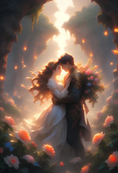 (a high quality, romantic photo of "Lovers’ Landscapes: Weave the beauty of nature with the essence of romance, crafting scenes where every sunset and blossoming garden tells a love story", featuring a captivating background that exudes love and serenity. The landscapes should be lush, vibrant, and brimming with romantic elements. The essence of love should be palpable, evoking warm feelings and tender emotions. Include hearths that symbolize the flame of passion, roses that signify love and admiration, and love flowers that represent affection and tenderness. The overall composition should be a perfect blend of nature's beauty and the magic of romance, immersing the viewer in a world where love blooms like the most exquisite flowers.), (((masterpiece, extremely detailed, focused flash photo, amazing quality, best quality, hyper detailed, ultra detailed , HDR, UHD,, dof, hyper-realism, majestic, awesome, inspiring, ray light, RAW photo, extremely details, stunning, high quality, photorealistic , beautiful, dramatic lighting, detailed atmosphere, intricately details, volumetric lighting, high resolution, 8k, ultra high definition, super sharp focus, great detail of textures))), 3DMM,
