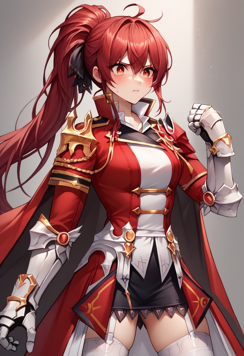 score_9, score_8_up, score_7_up, source_anime, good anatomy, solo, 1girl, elesisEmpSord, ponytail, red hair, red eyes, red and white military uniform, double breasted jacket, shoulderguards, black miniskirt, pencil skirt, metal greaves, metal gauntlets, cape, white thighhigh, garterbelt, no shoulderguards, white panties, upskirt, pantyshot, blushing, embarassed, crotch seam, kicking