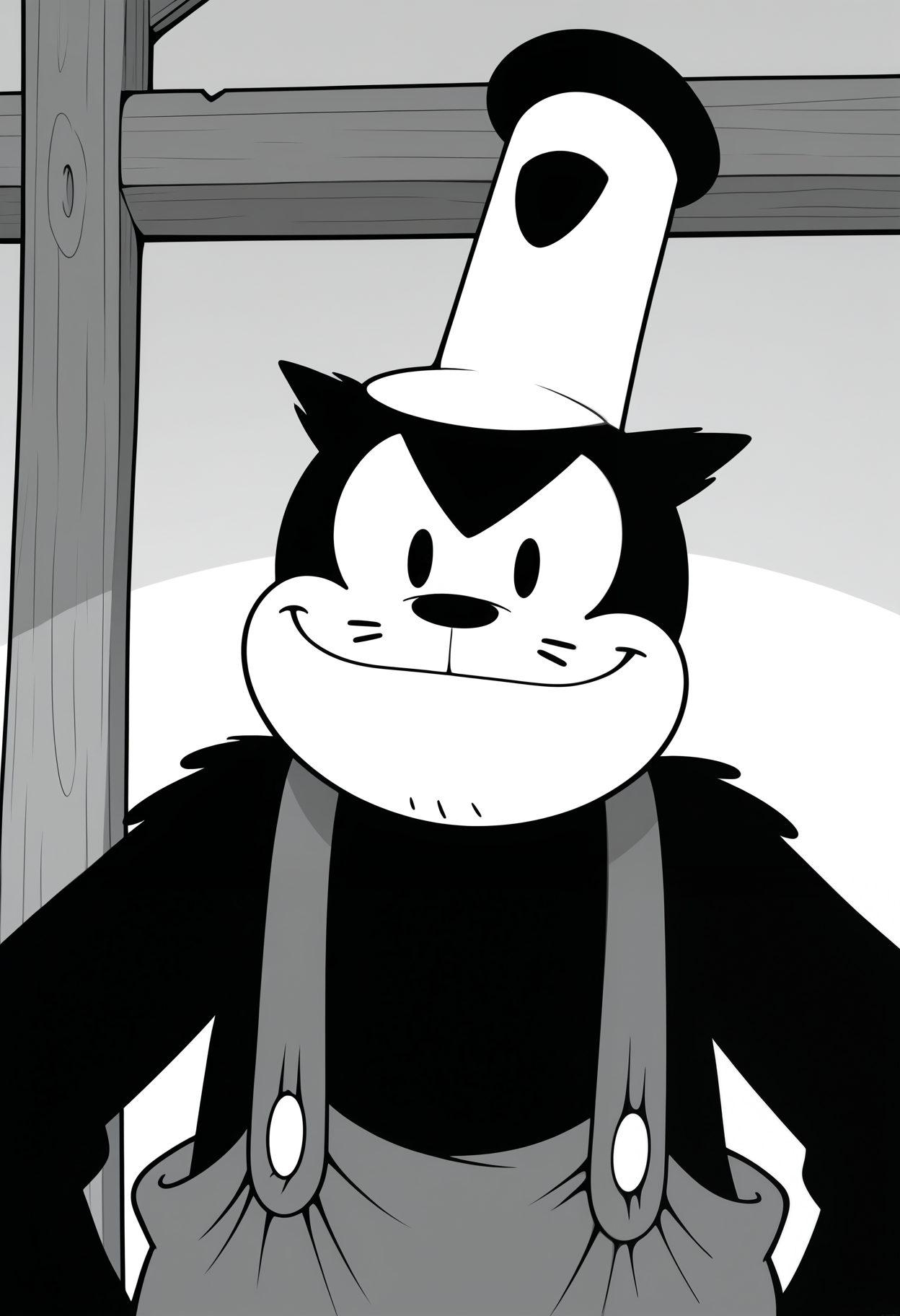 masterpiece,best quality,amazing quality,1boy, solo, p3t3, monochrome, furry male,  whiskers, captain hat, overalls, close up, smile, 