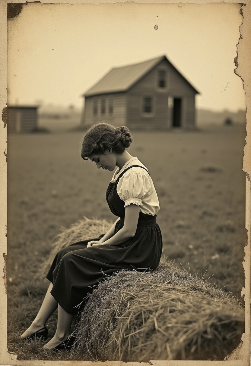 old timey 1920s photograph of a young woman sitting on a bale of hay with her head down looking depressed, old timey Kansas farm in the background, photograph is faded and torn on the edges