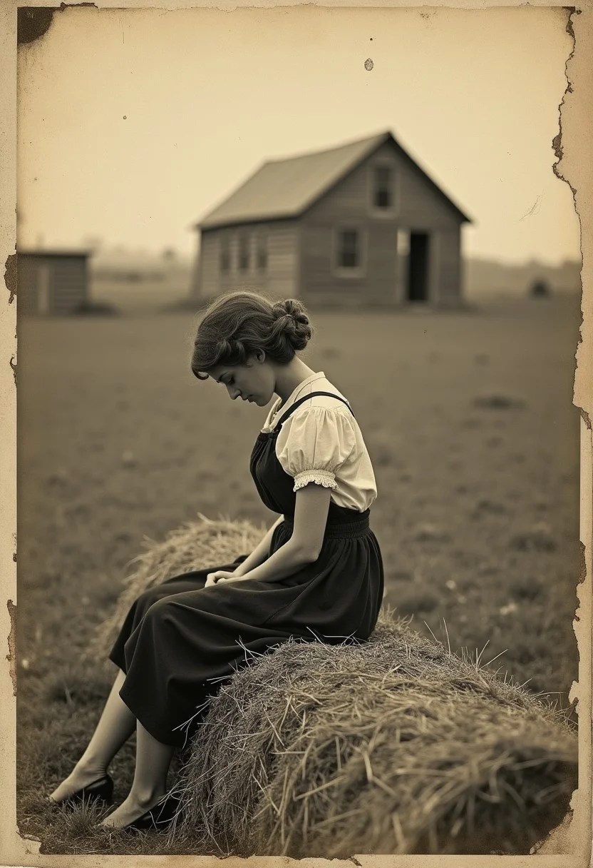 old timey 1920s photograph of a young woman sitting on a bale of hay with her head down looking depressed, old timey Kansas farm in the background, photograph is faded and torn on the edges