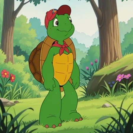 masterpiece, best quality, amazing quality, frnklnturtleil, semi-anthro, male turtle, green skin, brown eyes, turtle shell, red hat, red neckerchief, solo, outdoors, nature, grass, forest, smile, day, flower, standing, , <lora:0c557054-796c-48c6-8887-2de1eac0c1df:1.0>