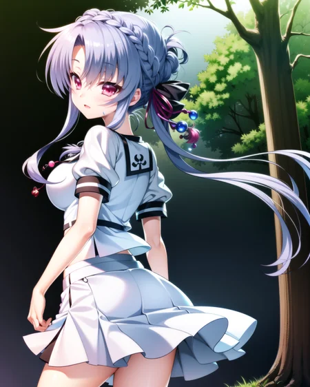 ((masterpiece)), ((best quality)), ((highres)), ((extremely detailed CG unity 8k wallpaper)), solo, <lora:sorakado ao-000005:0.7>, sorakado ao, white school uniform, white skirt, black socks, from behind, nighttime, lantern, forest, expressionless