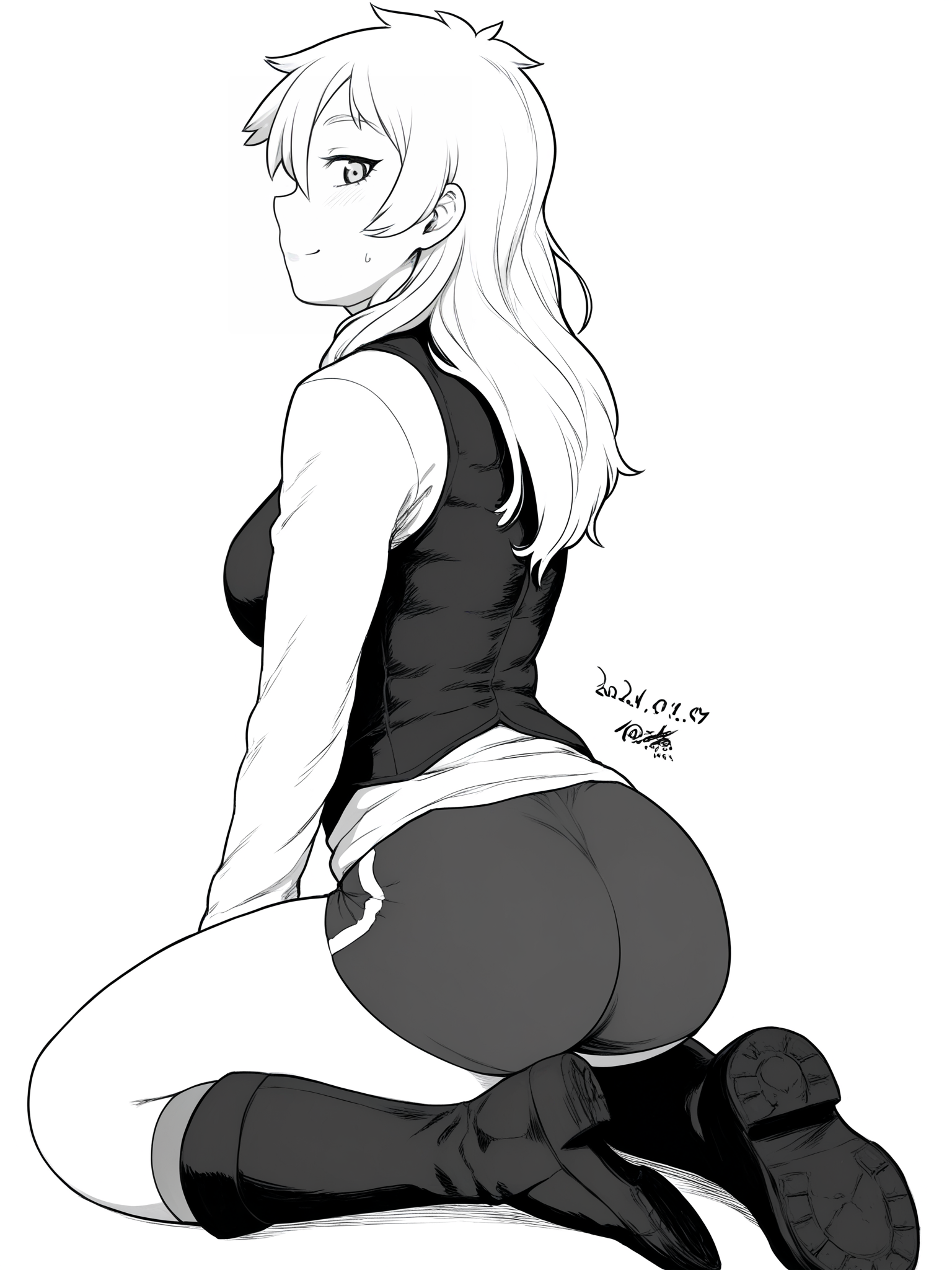 uncensored, score 9 up, score 8 up,
 <lora:Tsukudani_Artist_Style_Version_2_PonyXL:1>,1girl, monochrome, greyscale, ass, genderswap (mtf), long hair, dated, knee boots, simple background, looking at viewer, white background, kneeling, looking back, smile, long sleeves, thighs, signature, from behind, buruma, vest, short shorts, full body, sitting, profile, hatching (texture), breasts, sweatdrop