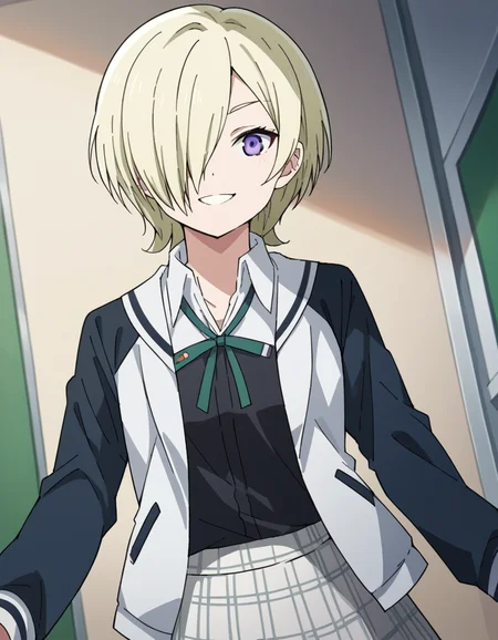 score_9, score_8_up, score_7_up, source_anime, <lora:mia-taylor-s2-ponyxl-lora-nochekaiser:1>, mia taylor, short hair, blonde hair, purple eyes, hair over one eye,, skirt, shirt, ribbon, school uniform, collared shirt, plaid, black shirt, neck ribbon, plaid skirt, white skirt, jacket, checkered skirt, nijigasaki academy school uniform,, indoors, smile, looking at viewer, solo,, cowboy shot, dutch angle