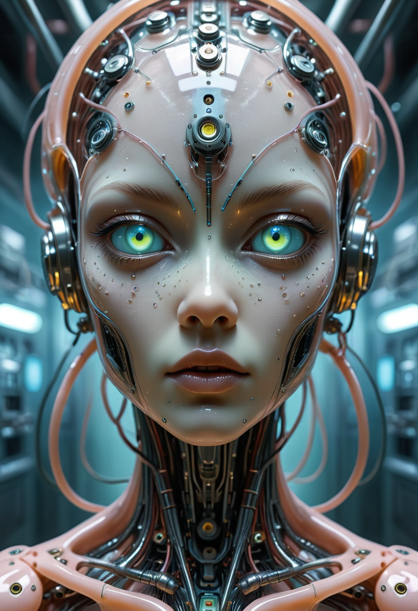 A humanoid alien with translucent skin revealing internal circuits and glowing fluid tubes, cybernetic eyes, set in a sterile lab environment, illustrated in pastel tones, mobe-cybideen,