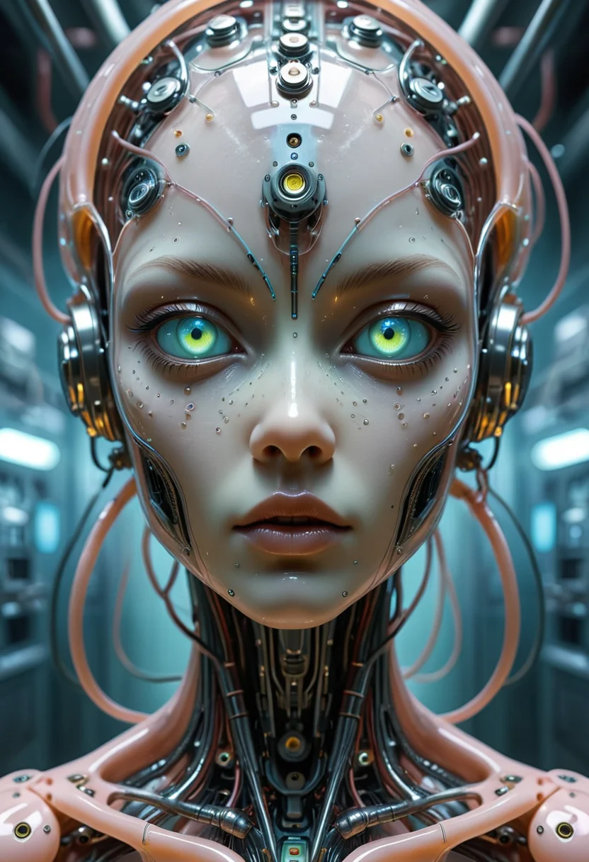A humanoid alien with translucent skin revealing internal circuits and glowing fluid tubes, cybernetic eyes, set in a sterile lab environment, illustrated in pastel tones, mobe-cybideen,