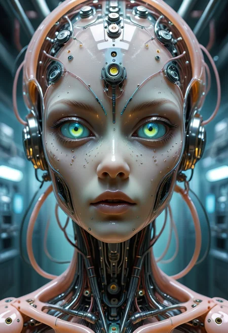 A humanoid alien with translucent skin revealing internal circuits and glowing fluid tubes, cybernetic eyes, set in a sterile lab environment, illustrated in pastel tones, mobe-cybideen,