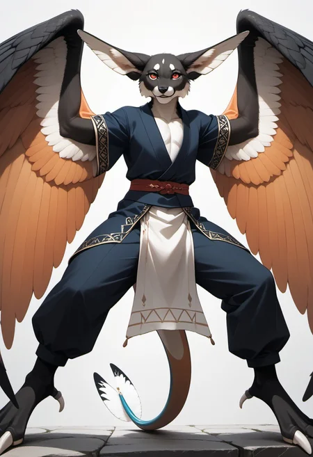 1person, Palagiri, long toes, nimble toes, handfeet, anthro, ((wing arms, large wings, no hands)), feline features, feline nose, long tail, tapering tail, feather tipped tail, digitigrade legs,
3/4 view, perfect tail, perfect wings,
Close up, face focus,
Source: anime, score: 9, score: 8up,